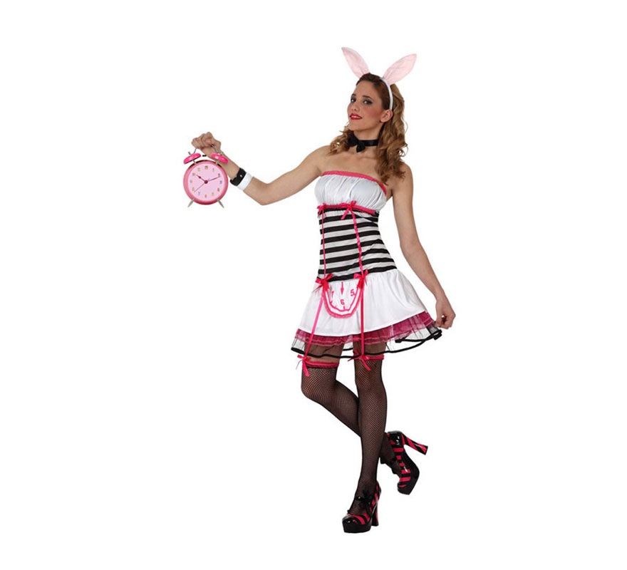 Disfraz de Conejita Sexy para mujeres. Talla 2 ó talla M-L = 38/42. Incluye vestido, ligueros, collar y diadema con orejas. Éste disfraz de Conejita es muy bonito y sexy para las mujeres y podría servir perfectamente para un grupo que se quiera disfrazar de Alicia en el País de las Maravillas. Ideal también para Despedidas de Soltera.