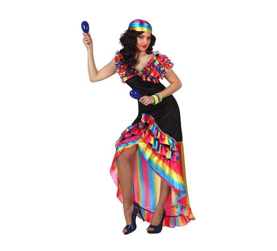 Disfraz de Rumbera para mujer. Talla M-L 38/42. Incluye vestido y pañuelo. Maracas y Pulseras NO incluidas podrás verlas en la sección de Complementos.