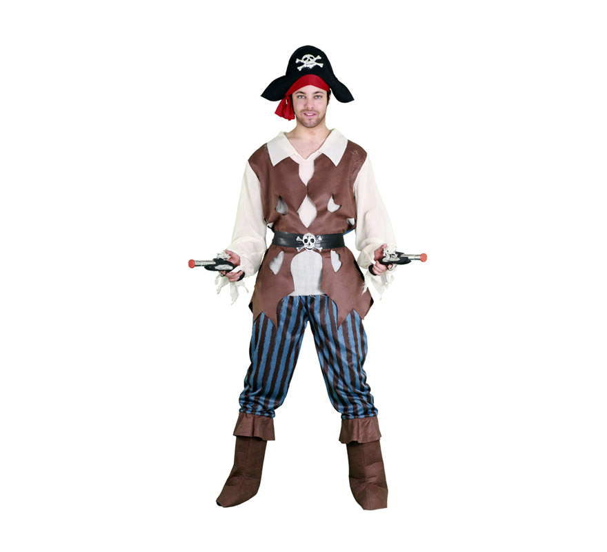 Disfraz de Pirata Caribeño para hombre. Talla M-L 52/54. Incluye disfraz camisa con chaleco, pantalón con cubrebotas, cinturón y sombrero.Trabucos NO incluidos, podrás verlos en la sección de Complementos.