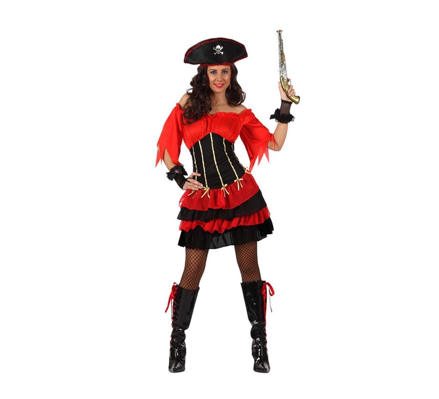 Disfrazde Pirata Sexy con volantes mujer. Talla Standar M-L 38/42. Incluye falda, camisa y gorro. Pistola NO incluida, podrás verla an la sección de Complementos.