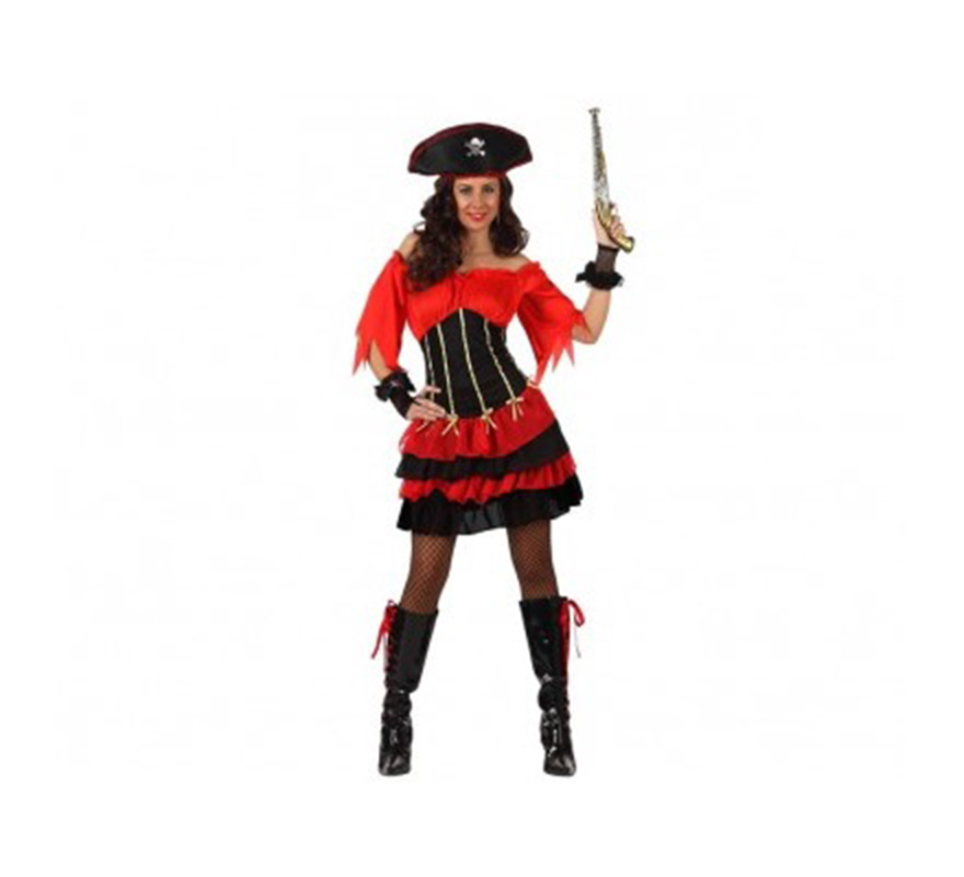 Disfraz de Pirata Sexy con volantes mujer. Talla XL 44/48. Incluye vestido, mangas y gorro. Pistola NO incluida, podrás verla an la sección de Complementos.