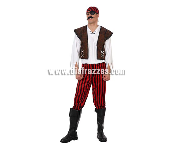 Disfraz de Pirata para hombres. Talla 3 ó talla XL 54/58. Incluye pañuelo, camisa, chaleco y pantalón. Parche y Cubrebotas NO incluidos, podrás verlos en la sección de Complementos.