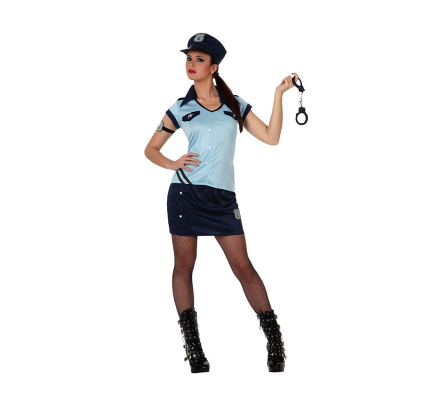 Disfraz de Chica Policía para mujer. Talla 3 ó talla XL 44/48. Incluye falda, camisa, gorro y placa del brazo. Esposas NO incluidas, podrás verlas en la sección de Complementos. Éste tipo de disfraz se usa mucho en Despedidas de Soltera.