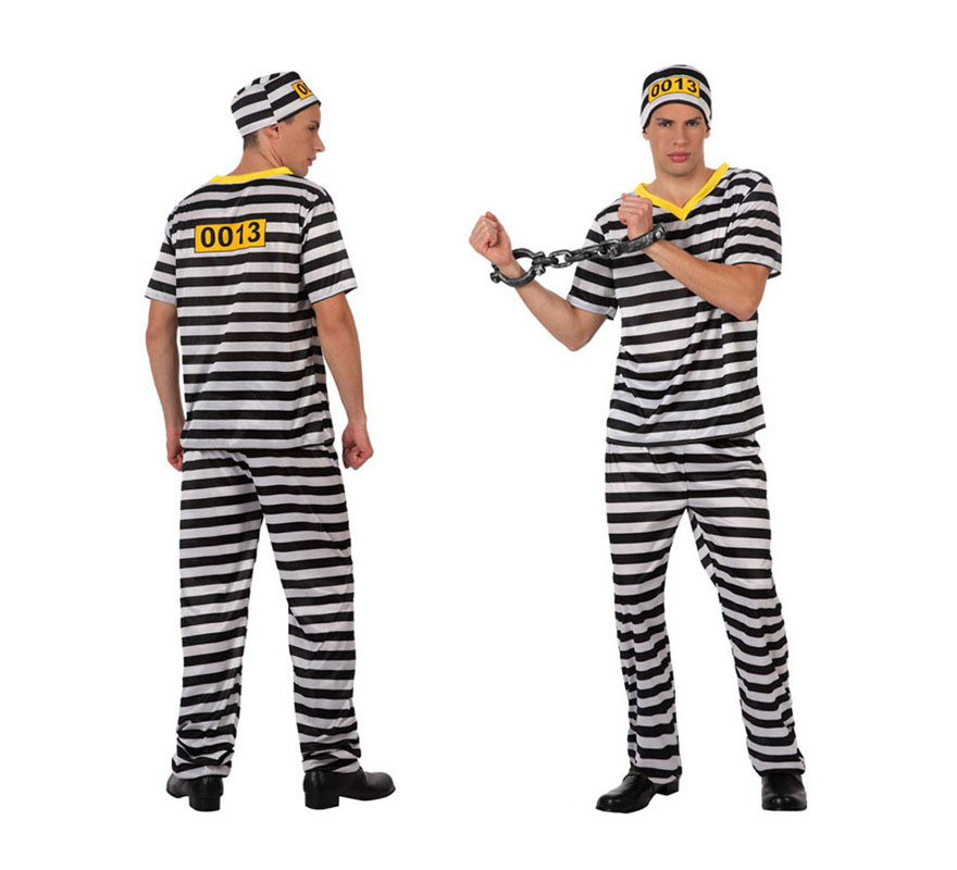 Disfraz de Preso para hombres. Talla 2 ó talla Standar M-L 52/54. Incluye pantalón, camisa y gorro. Grilletes NO incluidos, podrás verlos en la sección de Complementos. Éste disfraz se usa mucho en Despedidas de Soltero, ¿por qué será?