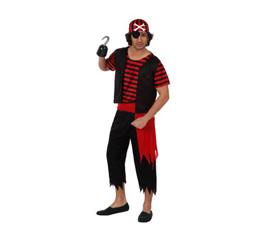 Disfraz de Pirata para hombre. Talla 2 ó talla Standar M-L 52/54. Incluye camiseta, chaleco, pantalón, pañuelo para la cabeza y pañuelo para la cintura. Garfio y parche NO incluidos, podrás verlos en la sección de Complementos.