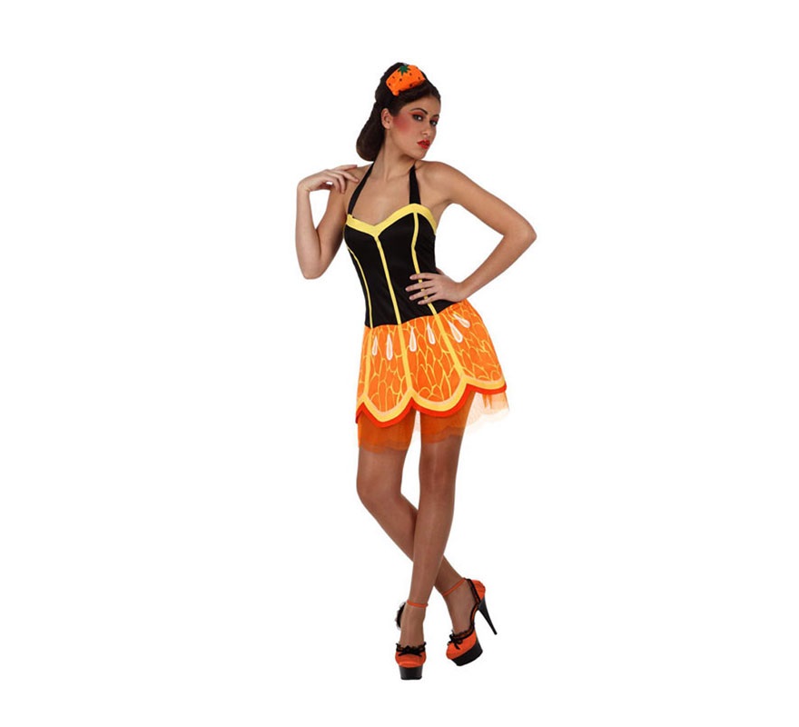 Disfraz de Chica Naranja para mujer. Talla Standar M-L 38/42. Incluye vestido y cinta de la cabeza.