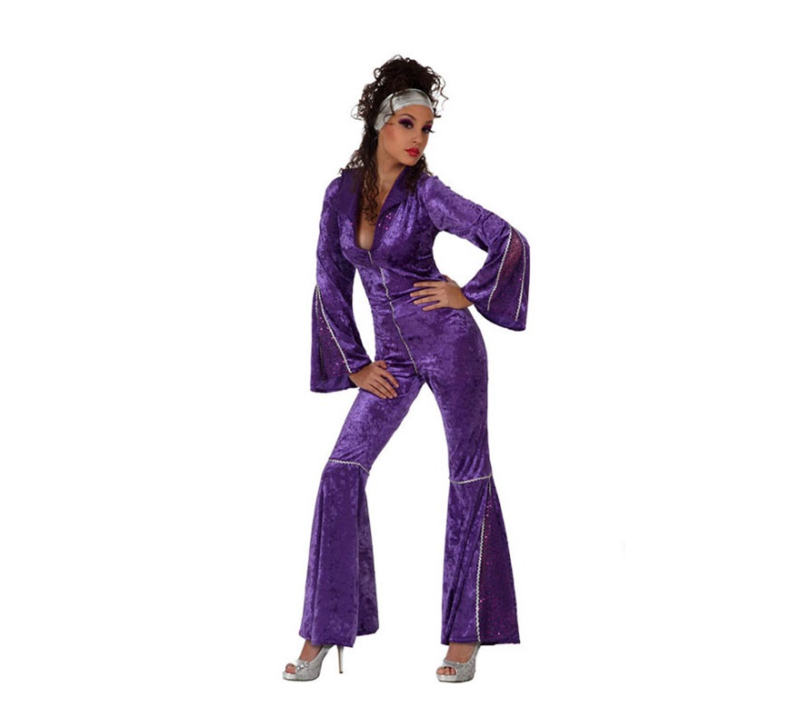 Disfraz Chica de la Disco de Terciopelo púrpura para mujer. Talla XL 44/48. Incluye mono. Perfecto para disfrazarse de Abba.