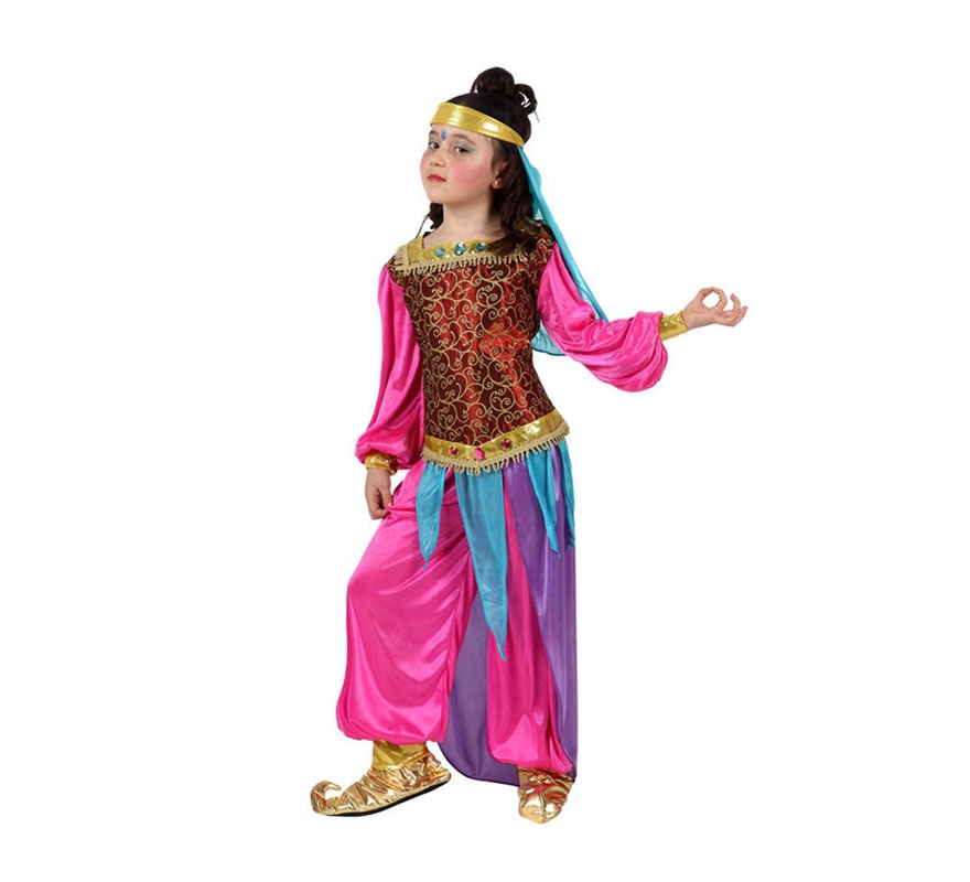 Disfraz de Bailarina Árabe rosa para niñas de 10 a 12 años. Incluye camisa, pantalón y tocado. Babuchas NO incluidas, podrás verlas en la sección de Complementos. Con éste traje podrás disfrazarte de Jasmine y ser una auténtica Princesa.