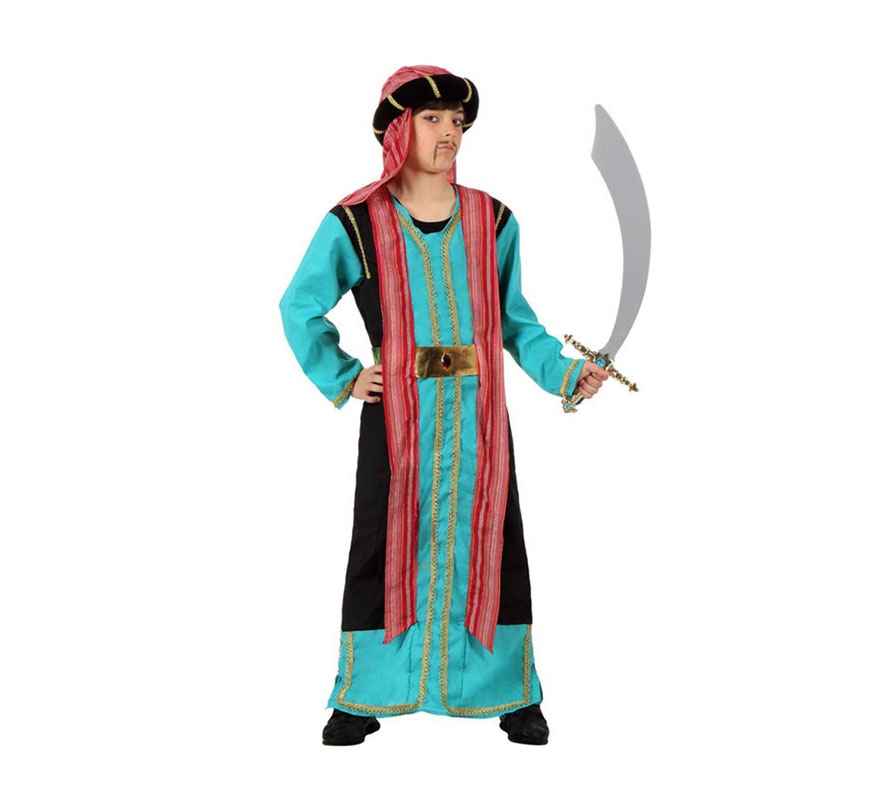 Disfraz de Jeque Árabe azul para niños de 7 a 9 años. Incluye túnica, cinturón y gorro. Espada NO incluida, podrás verla en la sección de Complementos. Éste disfraz también vale como traje de Paje Real de los Reyes Magos en Navidad.