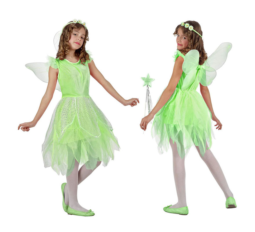 Disfraz de Hada verde para niñas de 3 a 4 años. Incluye vestido, alas y diadema. Zapatos, medias y varita NO incluidos. Varitas podrás encontrar en la sección de Complementos.