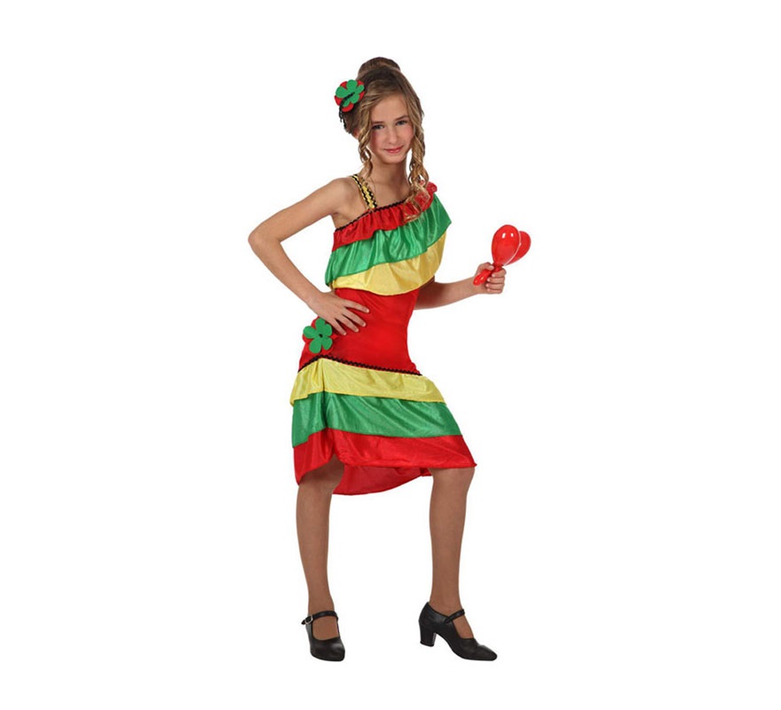 Disfraz de Rumbera con volantes para niñas de 5 a 6 años. Incluye vestido y tocado. Zapatos y maracas NO incluidas. Las maracas podrás verlas en la sección de Complementos.