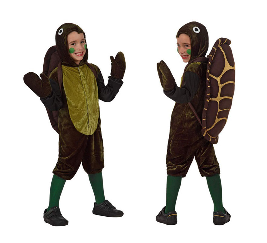 Disfraz de Tortuga para niños de 10 a 12 años. Incluye traje con capucha, caparazon  y manoplas. Medias NO incluidas.