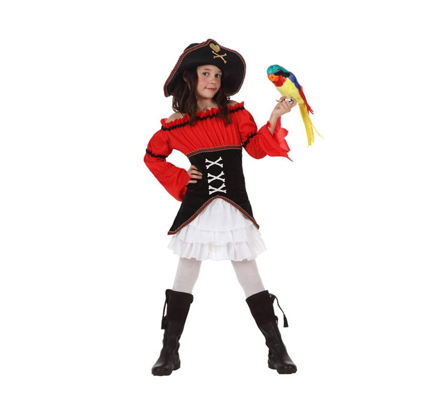 Disfraz de Capitana Pirata para niñas de 5 a 6 años. Incluye falda, camisa, corsé y sombrero. Botas, medias y loro NO incluidos. El loro podrás verlo en la sección de Complementos.