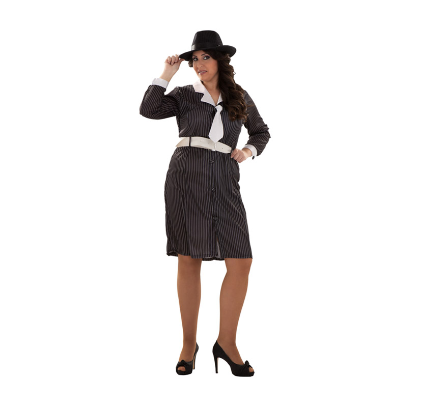 Disfraz de Gánster talla XL para mujer. Talla XL = 44/48. Incluye vestido con cuello y corbata y cinturón. Sombrero NO incluido, podrás verlo en la sección de Complementos.