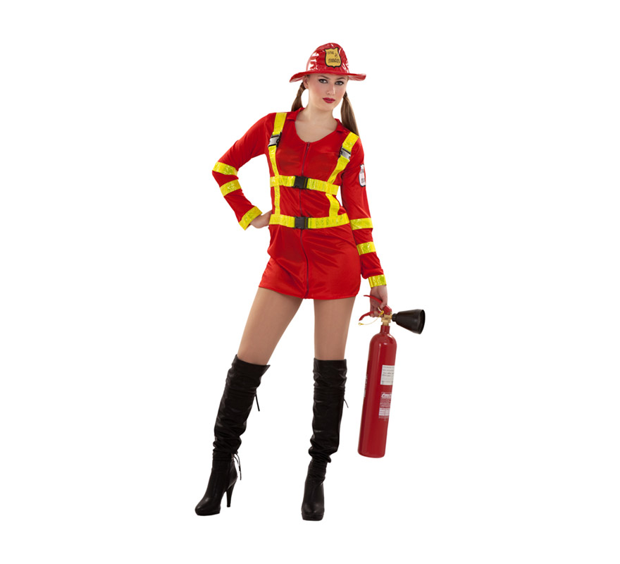 Disfraz de Bombera Sexy para mujer. Talla S = 34/38 para adolescentes y para chicas delgadas. Incluye sombrero y vestido. El extintor NO lo incluye, podrás ver uno hinchable en la sección de Complementos con la ref. 05296BT. Un disfraz ideal para Despedidas de Soltera para las chicas que están más delgadas.