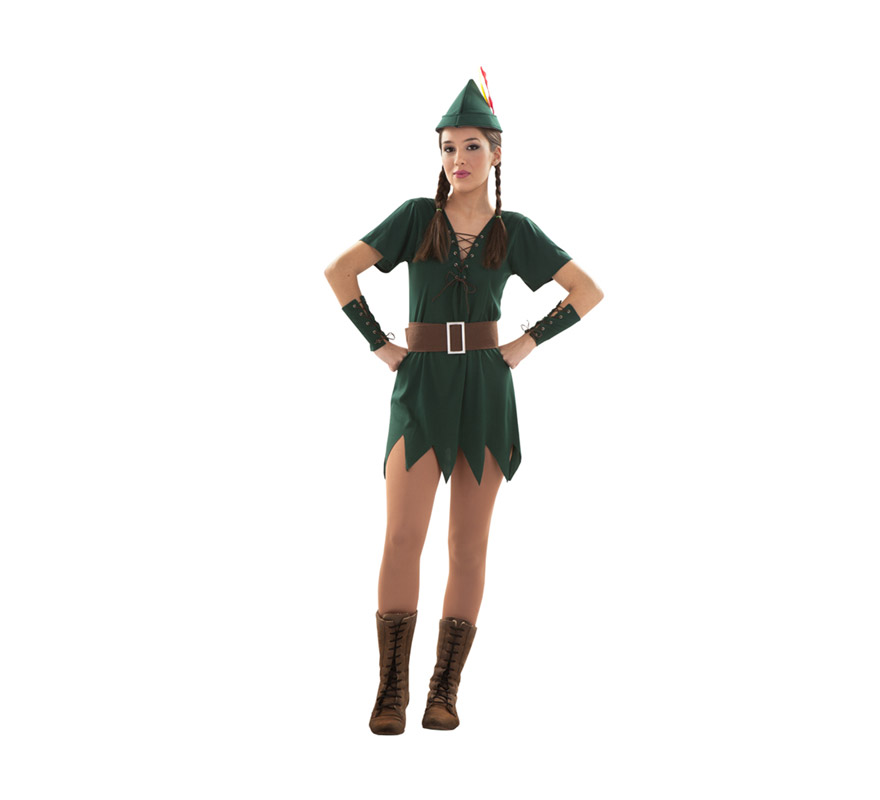 Disfraz barato de Robin Hood Sexy para mujer. Talla S = 34/38 para adolescentes y para chicas delgadas. Incluye gorro, vestido, cinturón y muñequeras. Éste traje es muy pero que muy Sexy y podría servir también como disfraz de Peter Pan sexy de chica.