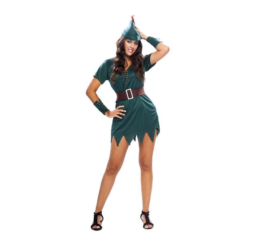 Disfraz barato de Robin Hood Sexy para mujer. Talla XL = 44/48. Incluye gorro, vestido, cinturón y muñequeras. Éste traje es muy pero que muy Sexy y podría servir también como disfraz de Peter Pan sexy de chica.