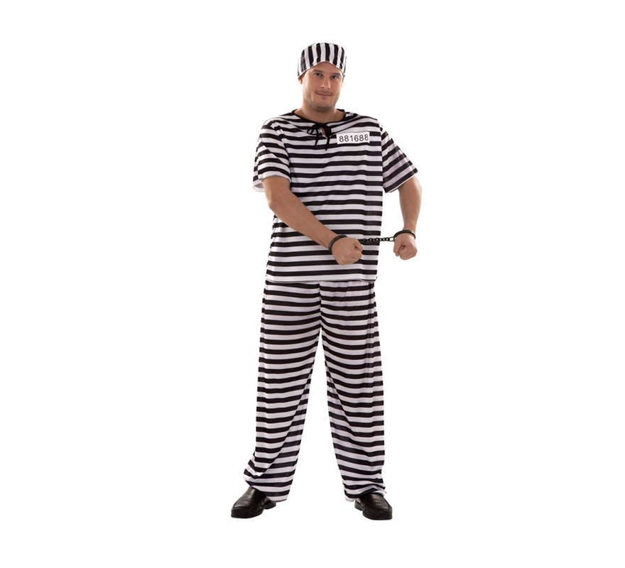 Disfraz muy barato de Preso o Prisionero para hombre. Talla XL = 54/58. Incluye camisa, pantalón, gorro y número. Un disfraz ideal para Despedidas de Soltero, ¿te vas a casar? -Bienvenido al Club, jejeje.