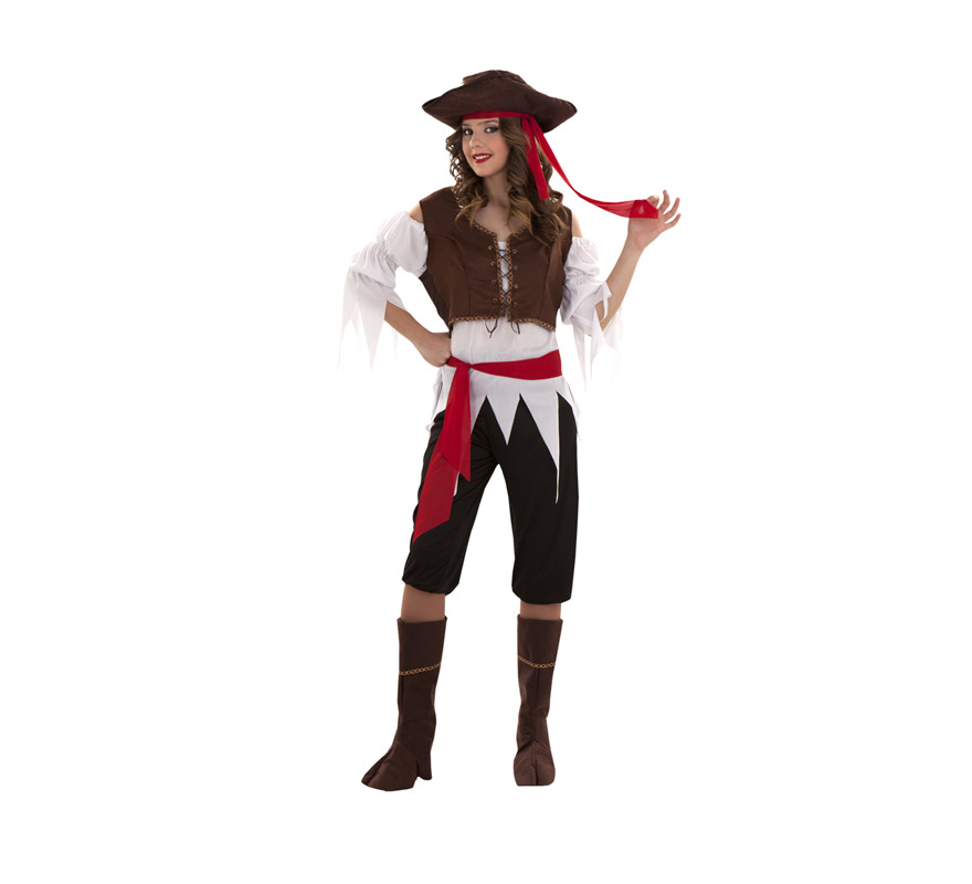 Disfraz barato de Pirata Caribeña para mujer. Talla S = 34/38, para chicas de 14 a 16 años y para mujeres delgadas. Incluye gorro, camisa, chaleco, cinturón, pantalón y cubrebotas. Trabuco NO incluido, podrás verlo en la sección de Complementos.