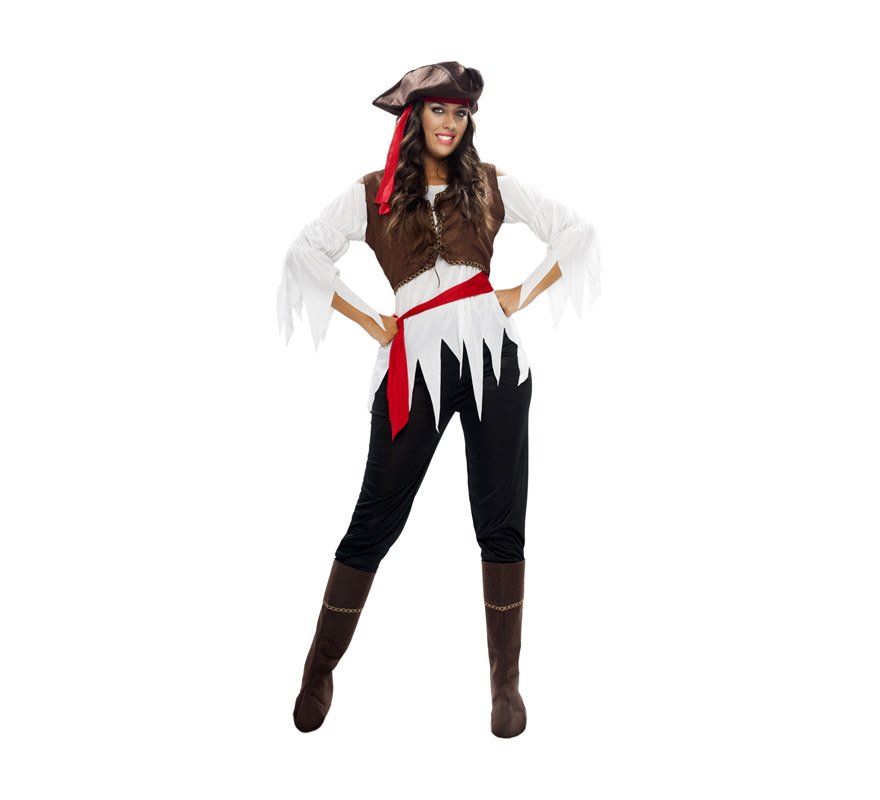 Disfraz barato de Pirata Caribeña para mujer. Talla XL = 44/48. Incluye gorro, camisa, chaleco, cinturón, pantalón y cubrebotas. Espada NO incluida, podrás verla en la sección de Complementos.