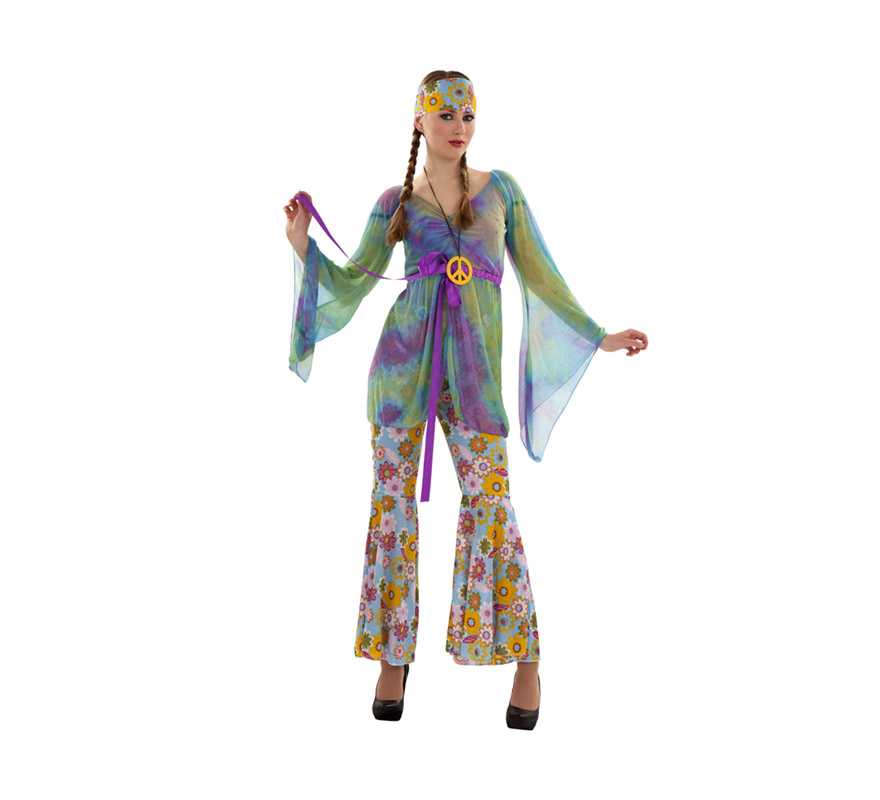 Disfraz barato de Hippie para mujer. Talla S = 34/38, para chicas de 14 a 16 años y para mujeres delgadas. Incluye blusa, collar símbolo de la Paz y pantalón. Pendientes NO incluidos. Paz y Amor.
