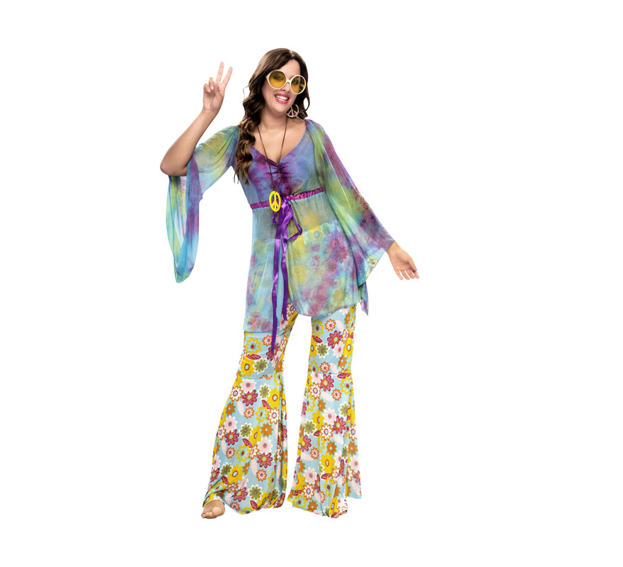 Disfraz barato de Hippie para mujer. Talla standar XL = 44/48. Incluye blusa, collar símbolo de la Paz y pantalón. Pendientes NO incluidos. Paz y Amor.
