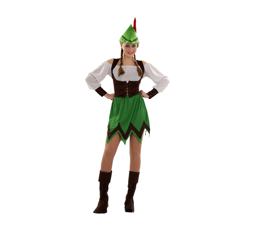 Disfraz barato de Robin Hood para mujer. Talla S = 34/38, para chicas de 14 a 16 años y para mujeres delgadas. Incluye sombrero, blusa, chaleco, falda y cubrebotas.