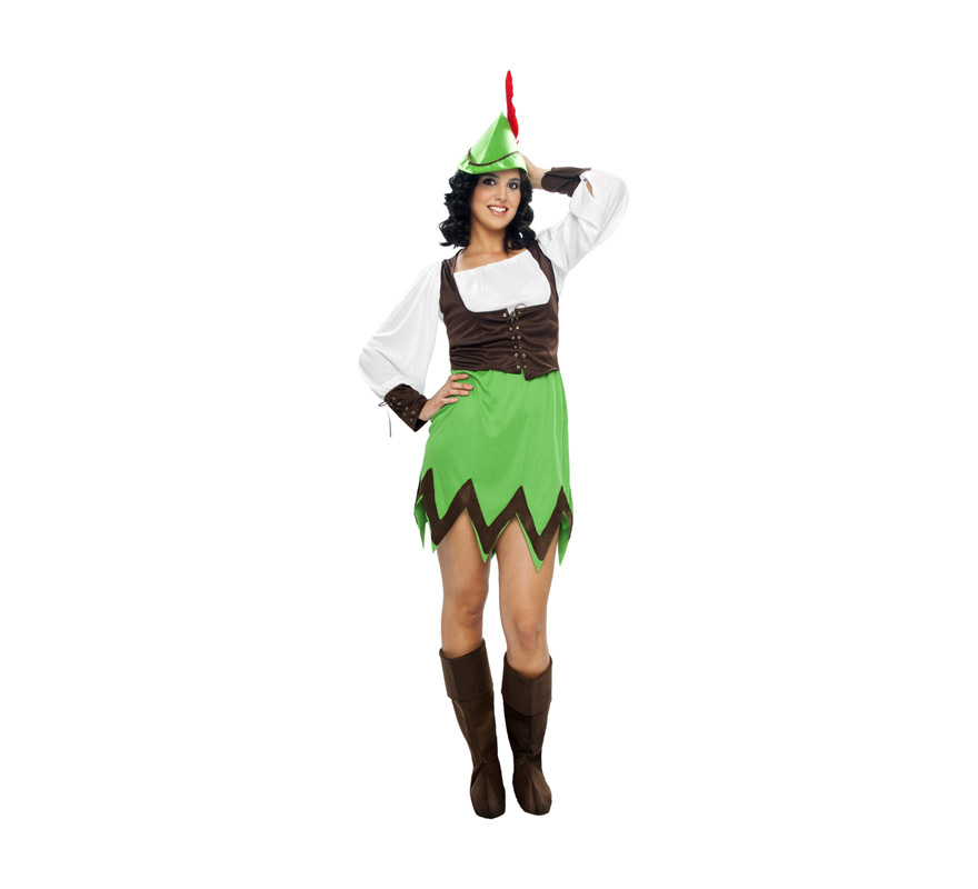 Disfraz barato de Robin Hood para mujer. Talla XL = 44/48. Incluye sombrero, blusa, chaleco, falda y cubrebotas.