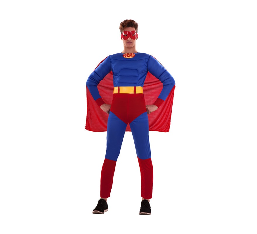 Disfraz barato de Héroe Musculoso adulto. Talla S = 48/52, para chicos de 14 a 16 años y para hombres delgados. Incluye mono con relleno imitando músculos, cinturón, antifaz y capa. Para disfrazarte e ir igual que el mismísimo Superman.