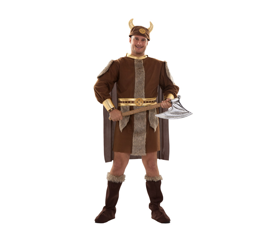 Disfraz de Vikingo adulto. Talla standar XL = 54/58. Incluye gorro, traje, capa, cinturón y botas de tela. Hacha NO incluida, podrás verla en la sección de Complementos. Éste traje de Bárbaro de hombre es un clásico pero no pasa de moda.