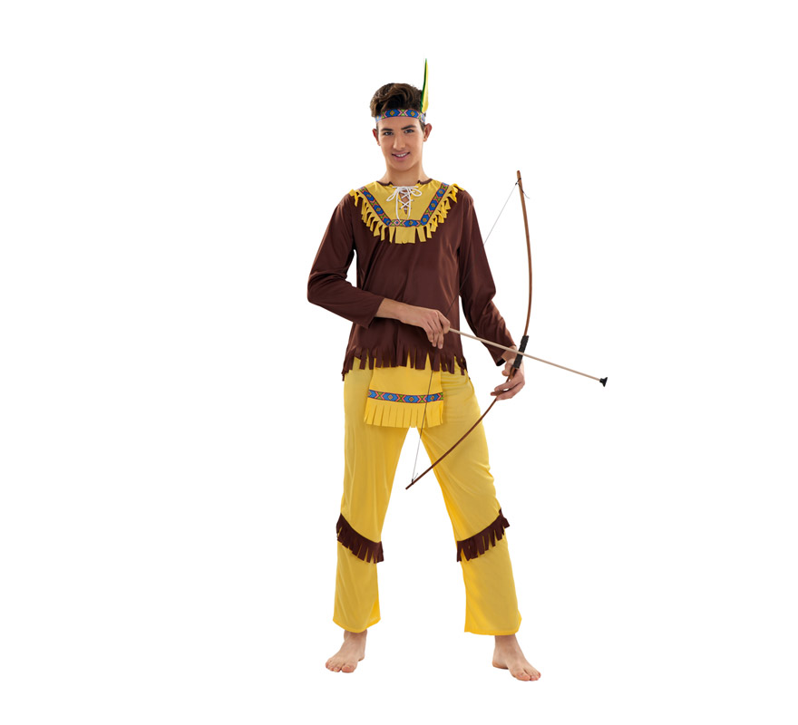 Disfraz de Indio Marrón para hombre. Talla S = 48/52, para chicos de 14 a 16 años y para hombres delgados. Incluye cinta cabeza, casaca, delantal y pantalones. Arco NO incluido, podrás verlo en la sección Complementos.