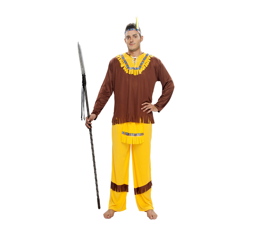 Disfraz de Indio Marrón para hombre. Talla XL = 54/58. Incluye cinta cabeza, casaca, delantal y pantalones. Lanza NO incluida, podrás verla en la sección Complementos.