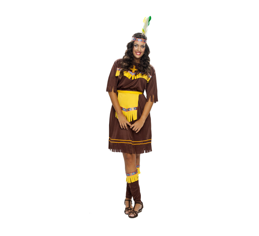 Disfraz de India Marrón adulta. Talla XL = 44/48. Incluye tocado, vestido, delantal y espinilleras.