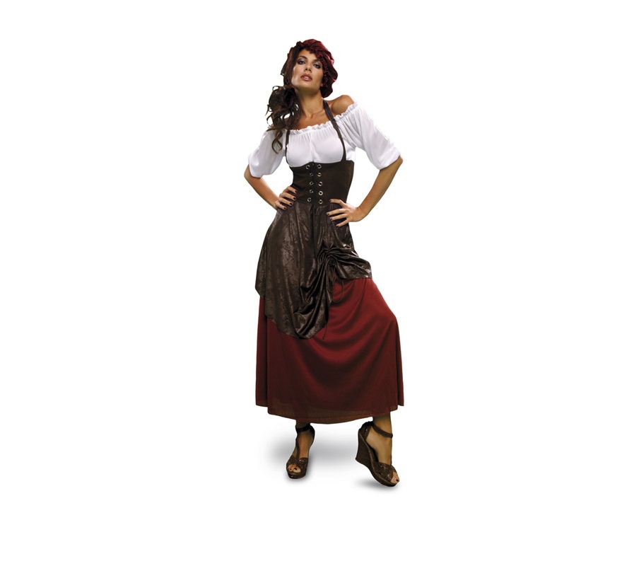 Disfraz de Tabernera, Posadera o Mesonera Medieval adulta. Talla S = 34/38, para chicas de 14 a 16 años y para mujeres delgadas. Incluye vestido con chaleco cosido y sombrero. Disfraz de Posadera para mujer.