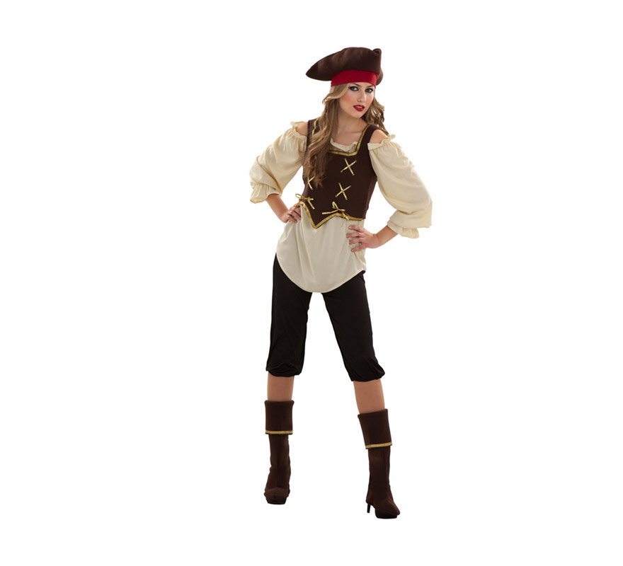 Disfraz barato de Pirata para mujer. Talla S = 34/38, para chicas de 14 a 16 años y para mujeres delgadas. Incluye sombrero, blusa corpiño, pantalón y cubrebotas. Pistola NO incluida, podrás verla en la sección Complementos.