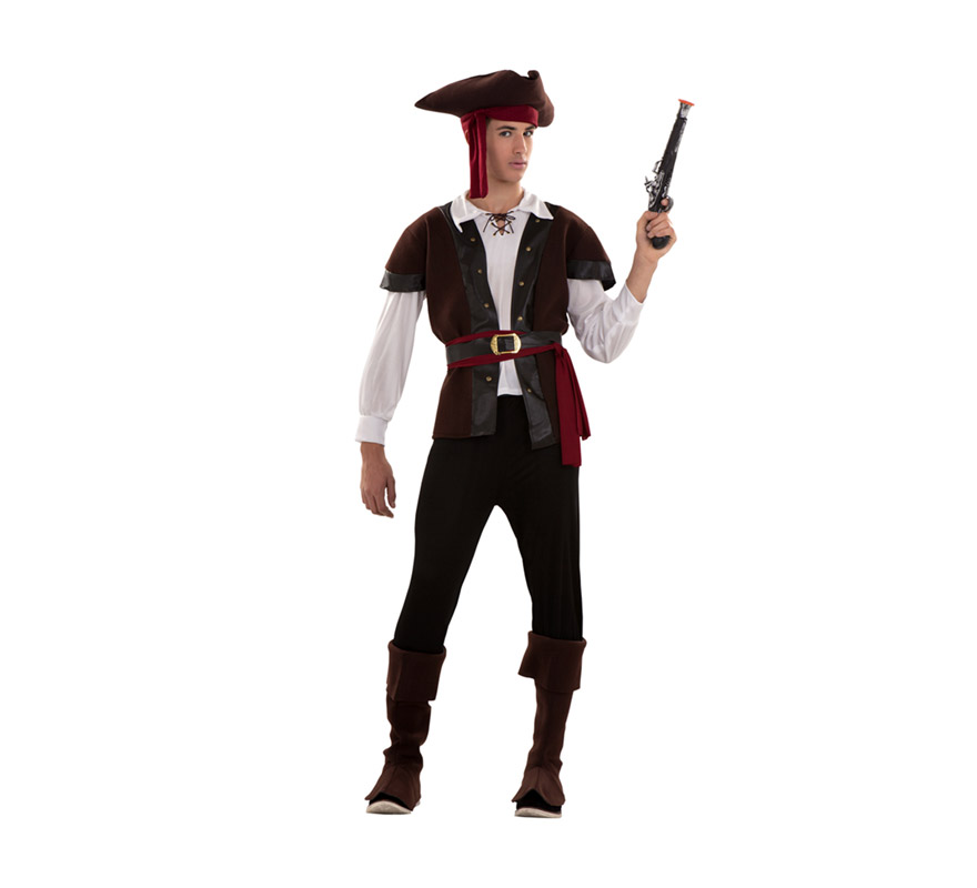 Disfraz de Bucanero para hombre. Talla standar S = 48/52 y para chicos de 14 a 16 años. Incluye sombrero con pañuelo, camisa, chaleco, cinturones, pantalón y cubrebotas. Parche y pistolas NO incluidos, podrás verlos en la sección Comlementos.