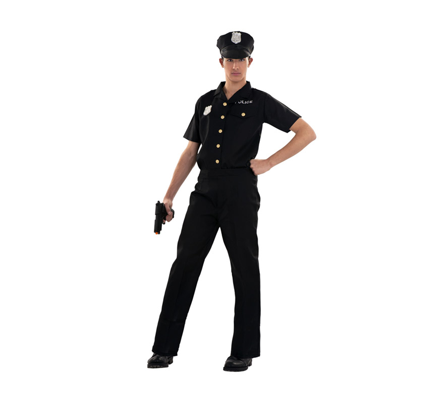 Disfraz barato de Policía para hombre. Talla S = 48/52 para chicos de 14 a 16 años y hombres delgados. Incluye gorra, camisa y pantalón.