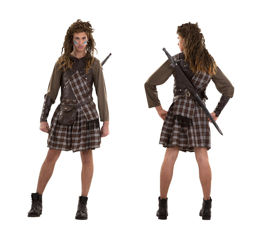 Disfraz barato de Guerrero Escocés. Talla S = 48/52 ideal para adolescentes y para chicos delgados. Disfraz de Braveheart. Incluye camisa, falda, manto, coraza, bandolera, muñequeras y cinturón-bolsa. Peluca y espada NO incluidas, podrás verlas en la sección Complementos. Botas NO incluidas. Un disfraz Medieval de Guerrero ideal para hombres de talla S o para adolescentes.