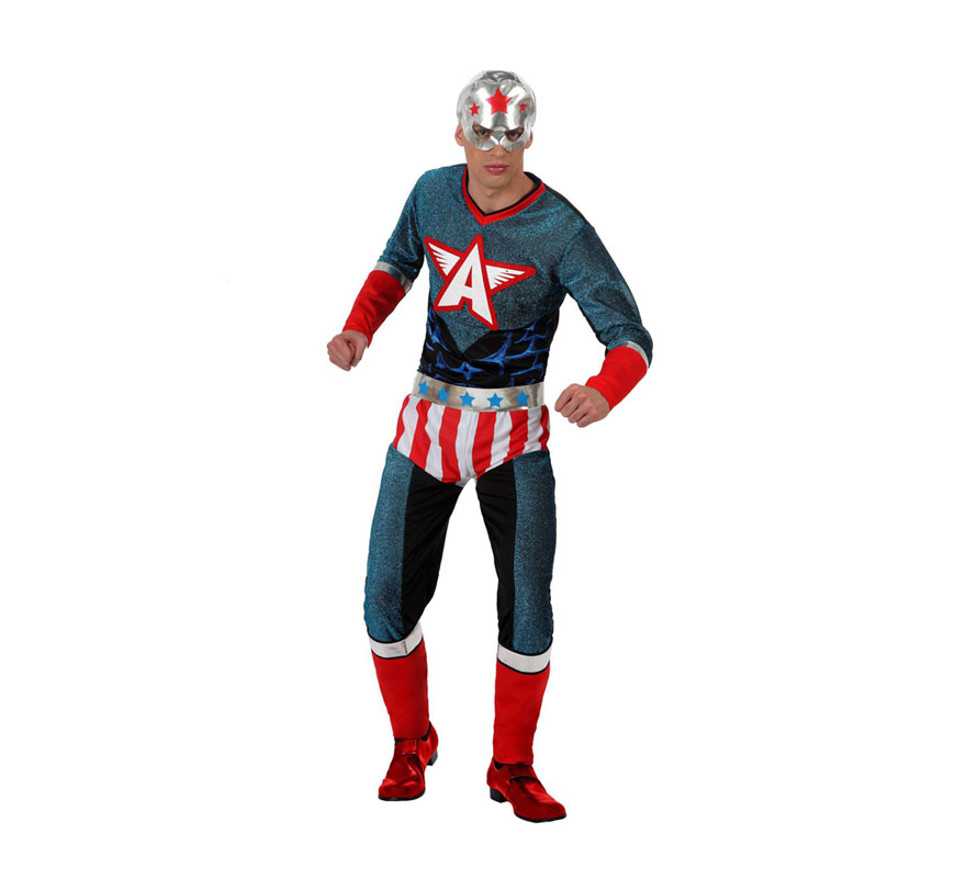 Disfraz de Super Héroe para hombre. Talla XL 54/58. Incluye disfraz completo SIN zapatos. Con éste disfraz podrás imitar al mismísimo Capitán América y pasar un buen rato en Carnaval.