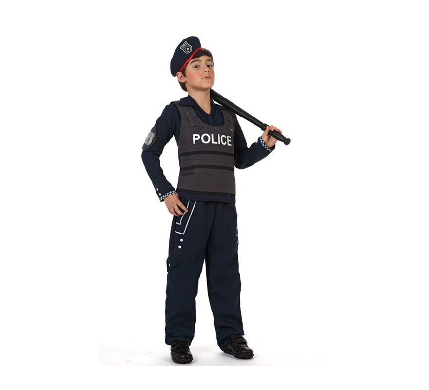 Disfraz de Policía para niños de 10 a 12 años. Incluye disfraz completo SIN porra, la podrás ver en la sección de Complementos.