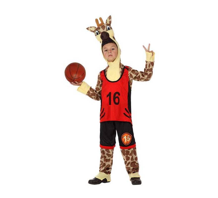 Disfraz de Jirafa Deportista o de Jirafa jugador de Baloncesto para niños de 3 a 4 años. Incluye disfraz completo tal y como se muestra en la imagen sin los zapatos, ni el balón.