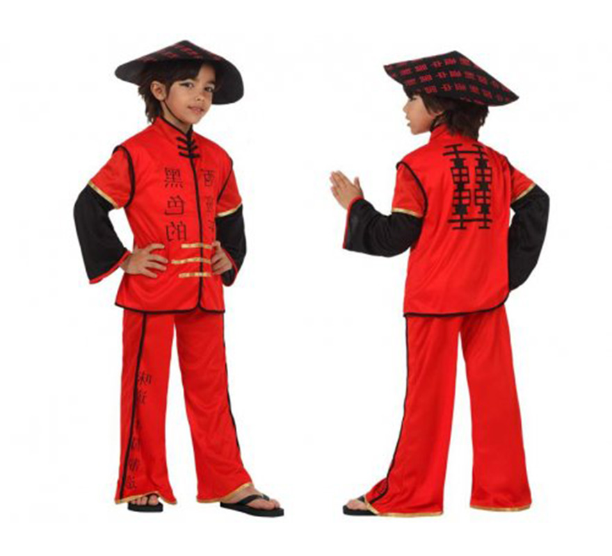 Disfraz de Chino rojo para niños de 3 a 4 años. Incluye sombrero, camisa y pantalón. 