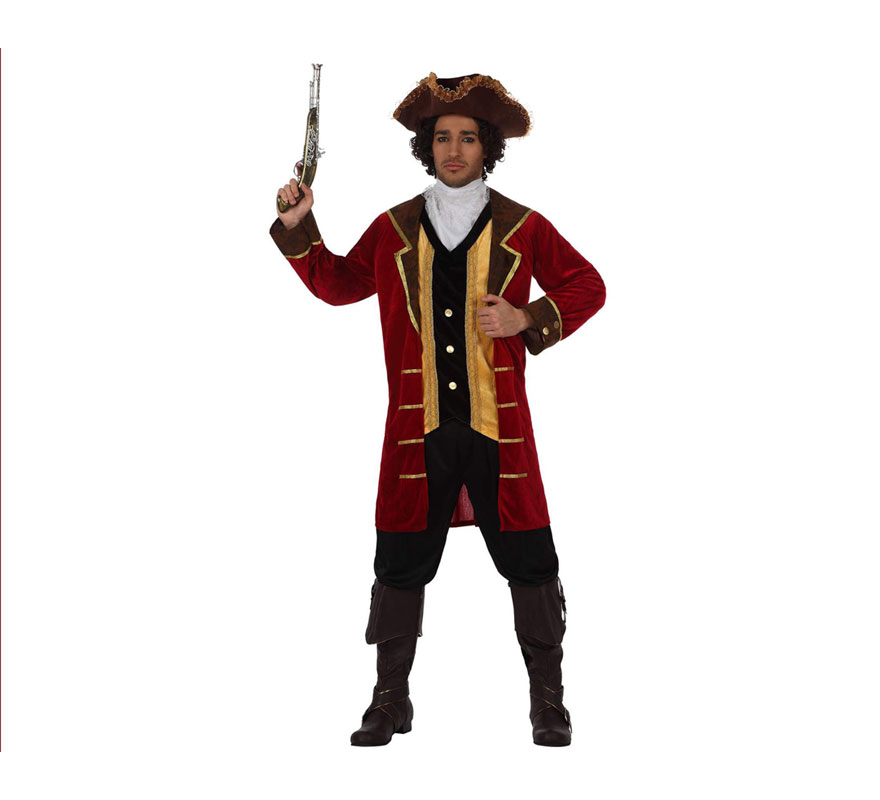 Disfraz del Pirata Capitán Garfio para hombre. Talla 3 ó talla XL 54/58. Incluye sombrero, pechera y chaqueta con chaleco. Pistola  y pantalones NO incluidos, podrás ver la pistola en la sección de Complementos. Éste disfraz es la pareja ideal para el disfraz de Peter Pan.