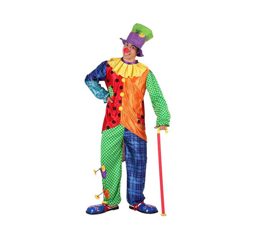 Disfraz de Payaso para hombre. Talla 4 ó talla standar XXL 58/62. Incluye pantalón, camisa y gorro. Nariz, bastón y zapatones NO incluidos, podrás encontrar en nuestra sección de Complementos.