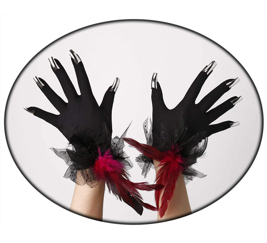 Guantes negros con uñas y plumas.