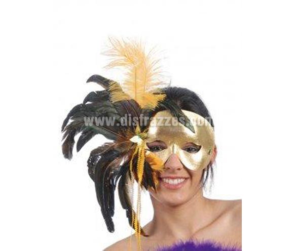 Antifaz Veneciano dorado con plumas.