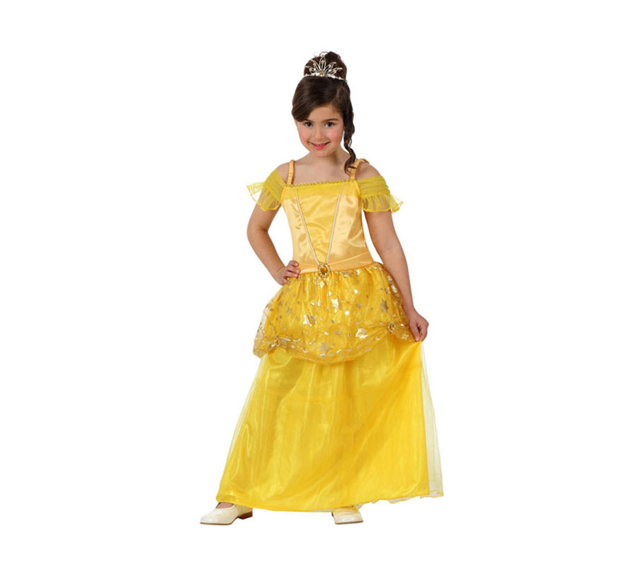 Disfraz de Princesa amarilla para niñas de 7 a 9 años. Incluye vestido. Corona y zapatos NO incluidos. La corona podrás verla en la sección de Complementos. Disfraz de la Bella para niñas.