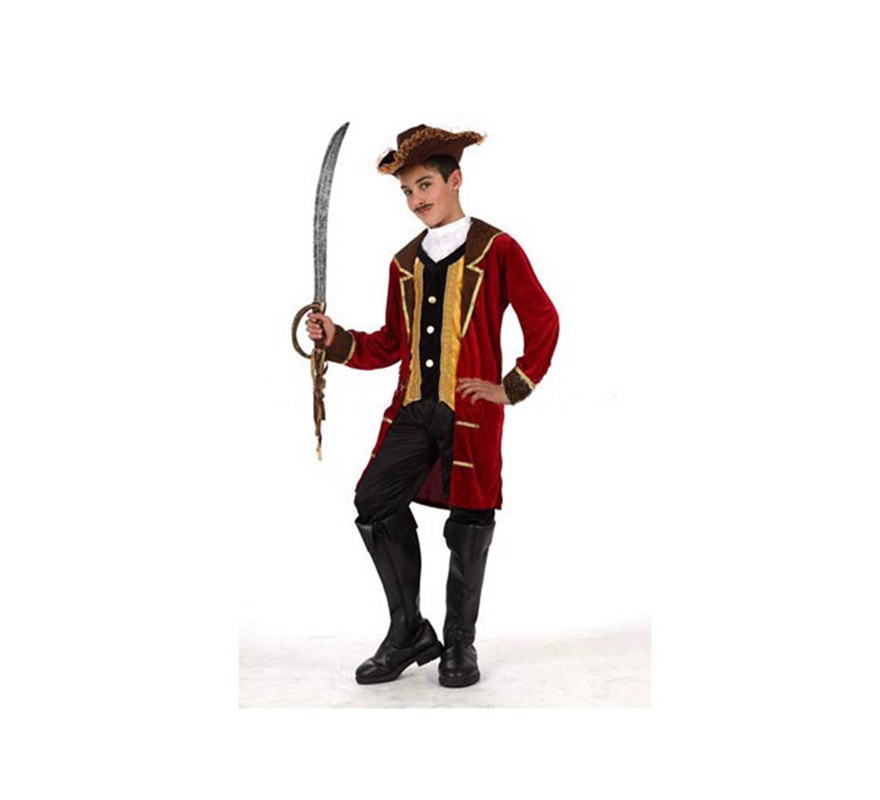 Disfraz del Pirata Capitán Garfio o Capitán Pirata de lujo para niños de 3 a 4 años. Incluye sombrero, pantalón, pechera y chaqueta con chaleco. Espada y cubrebotas NO incluidos, podrás ver la espada en la sección de Complementos. Éste disfraz es la pareja ideal para el disfraz de Peter Pan.