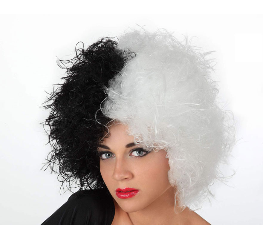 Peluca de Mujer Malvada blanca y negra. Ideal para el disfraz de Cruella de Vil.