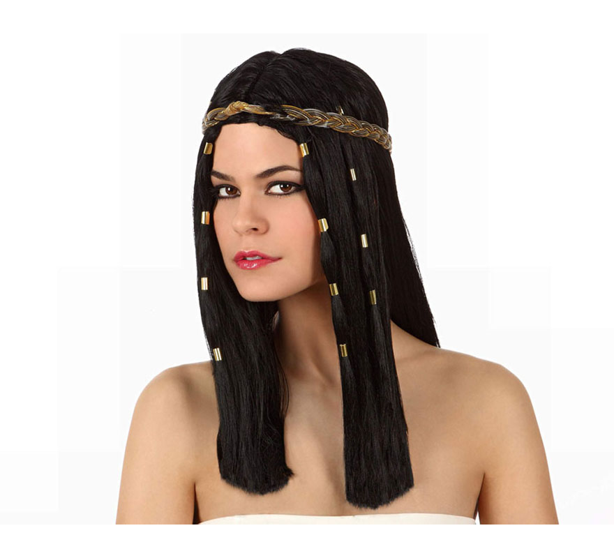 Peluca de Egipcia morena con detalles dorados. Peluca de Cleopatra o Reina del Nilo.